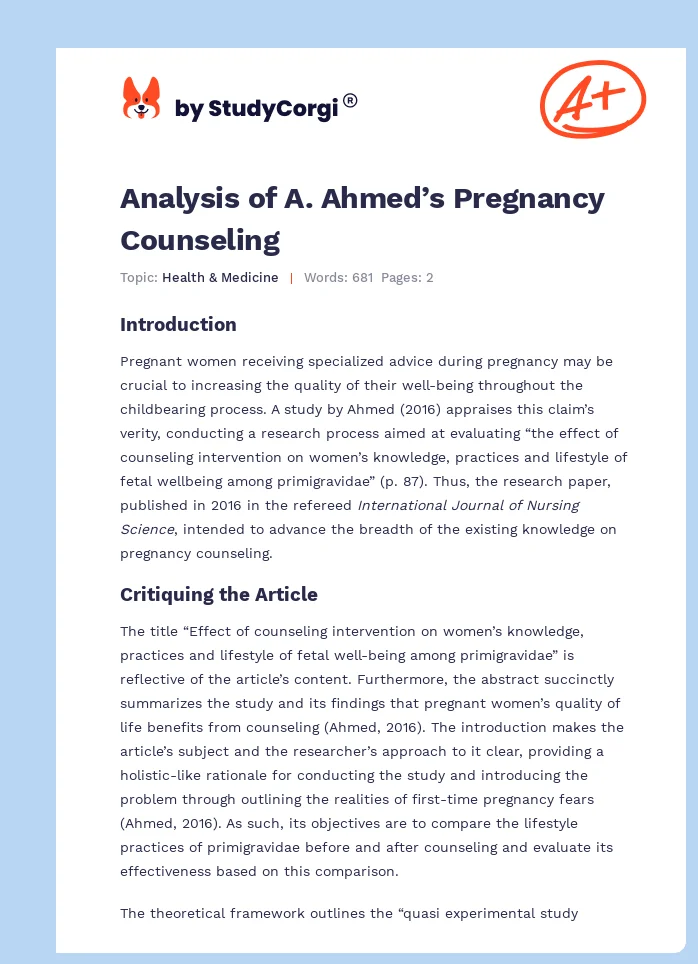 Analysis of A. Ahmed’s Pregnancy Counseling. Page 1