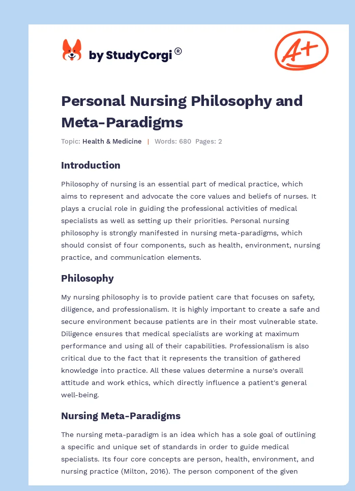 Personal Nursing Philosophy and Meta-Paradigms. Page 1