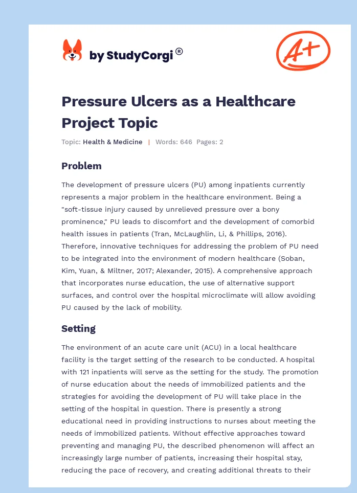 Pressure Ulcers as a Healthcare Project Topic. Page 1