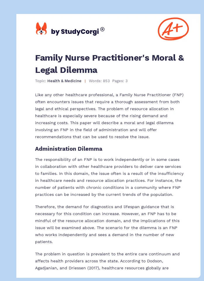 Family Nurse Practitioner's Moral & Legal Dilemma. Page 1