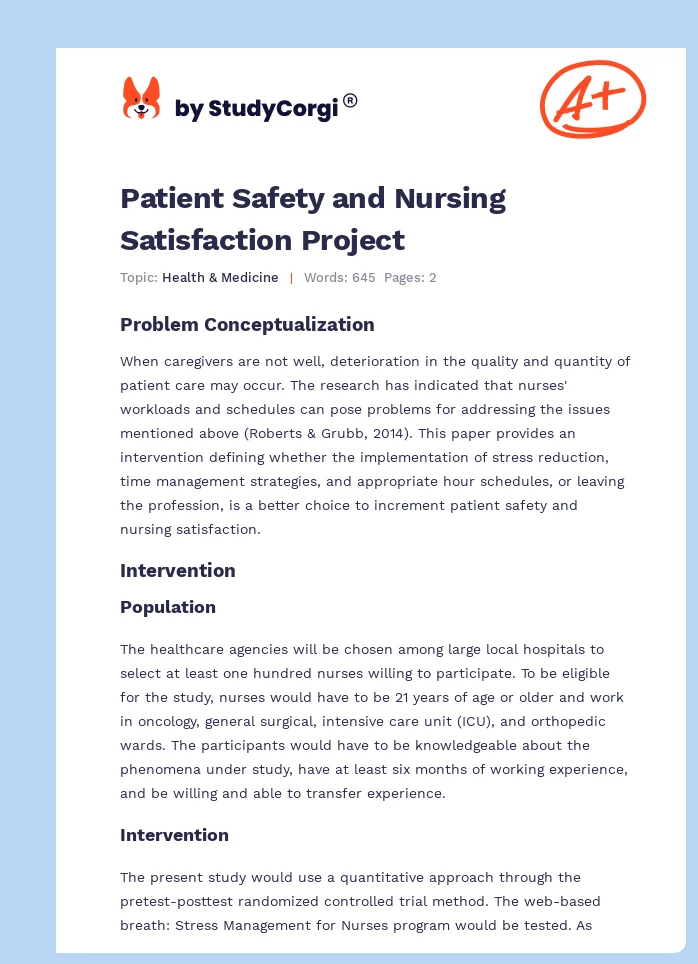 Patient Safety and Nursing Satisfaction Project. Page 1