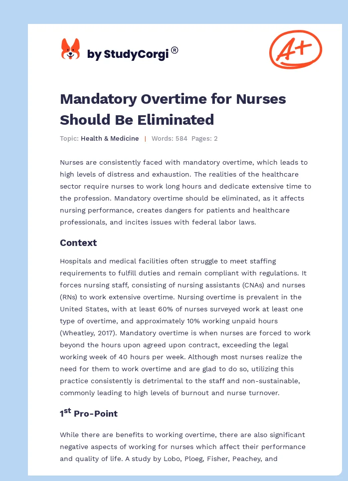 Mandatory Overtime for Nurses Should Be Eliminated. Page 1