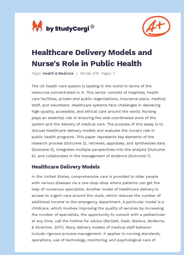 Healthcare Delivery Models and Nurse's Role in Public Health. Page 1