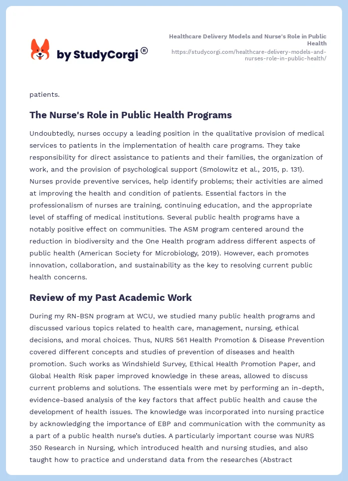 Healthcare Delivery Models and Nurse's Role in Public Health. Page 2