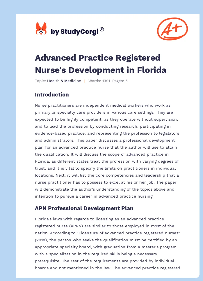 Advanced Practice Registered Nurse's Development in Florida. Page 1