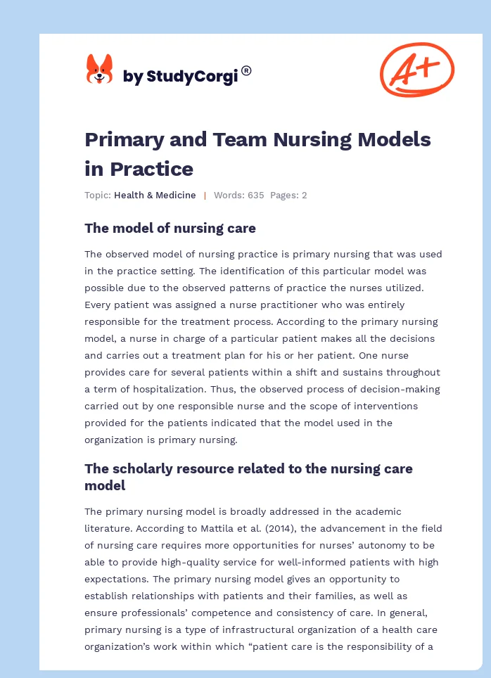 Primary and Team Nursing Models in Practice. Page 1