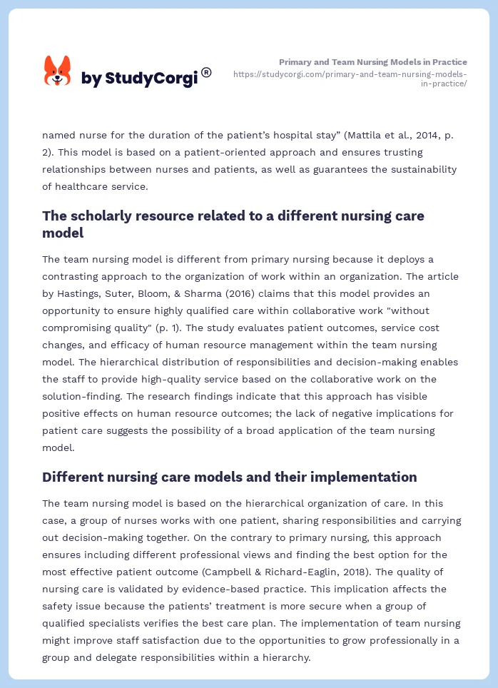 Primary and Team Nursing Models in Practice. Page 2