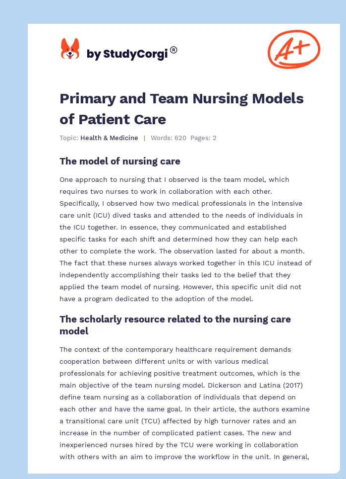 Primary and Team Nursing Models of Patient Care. Page 1