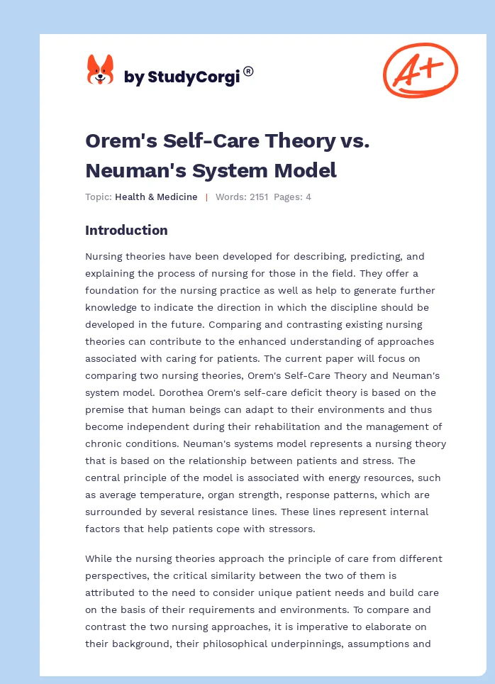 Orem's Self-Care Theory vs. Neuman's System Model. Page 1
