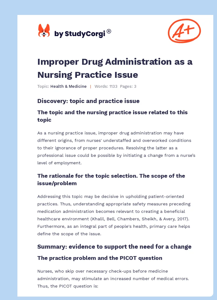 Improper Drug Administration as a Nursing Practice Issue. Page 1