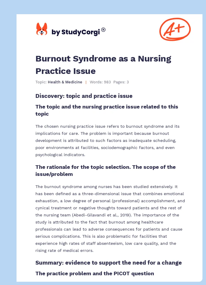 Burnout Syndrome as a Nursing Practice Issue. Page 1