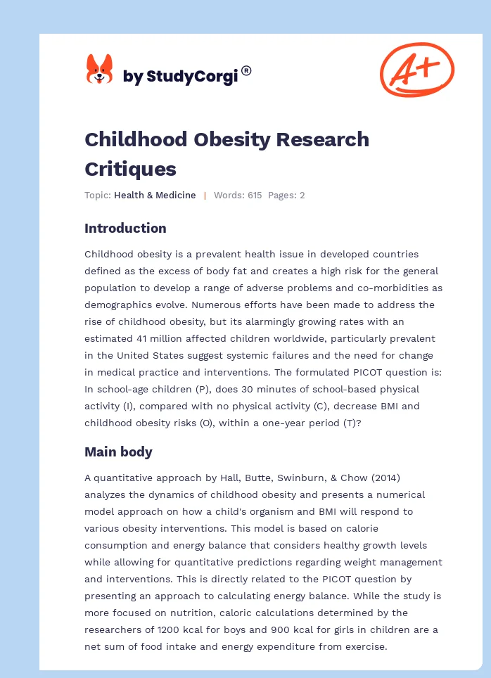 Childhood Obesity Research Critiques. Page 1
