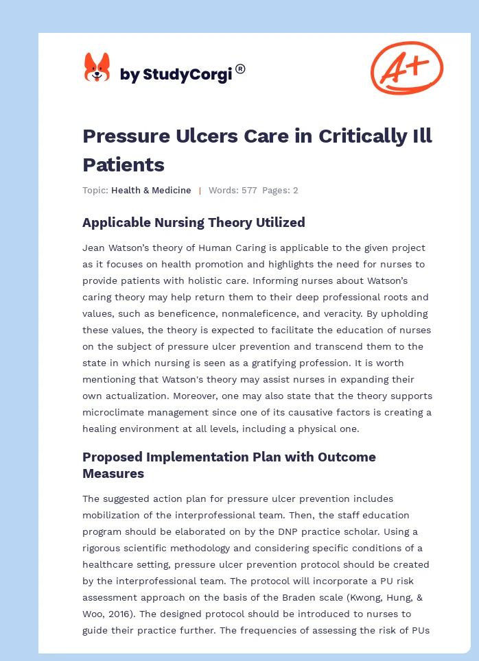 Pressure Ulcers Care in Critically Ill Patients. Page 1