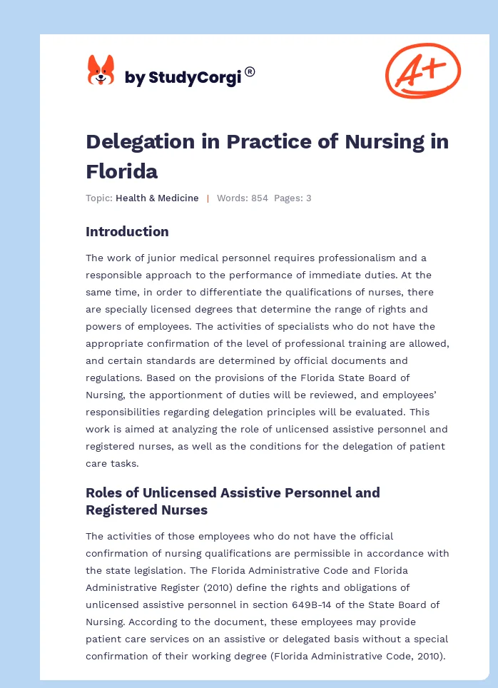 Delegation in Practice of Nursing in Florida. Page 1