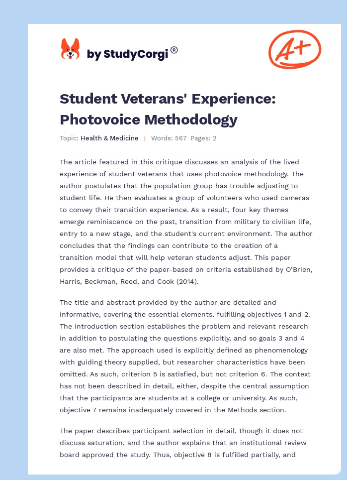Student Veterans' Experience: Photovoice Methodology. Page 1