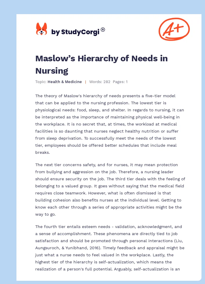 Maslow’s Hierarchy of Needs in Nursing. Page 1