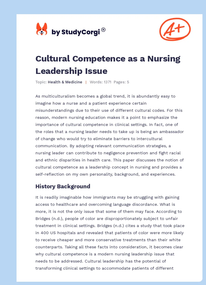 Cultural Competence as a Nursing Leadership Issue. Page 1