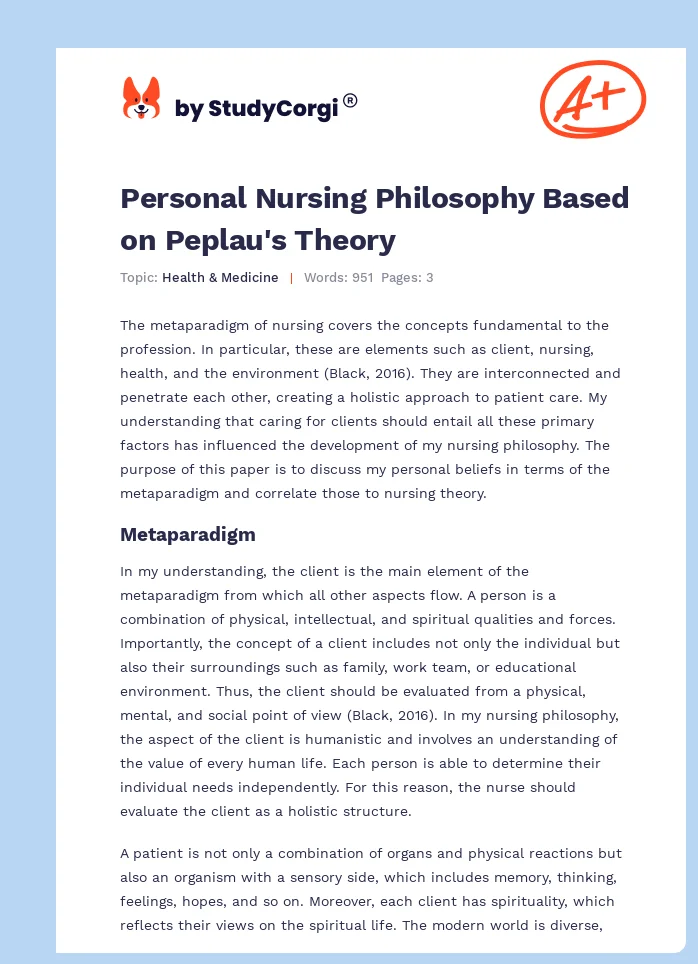 Personal Nursing Philosophy Based on Peplau's Theory. Page 1