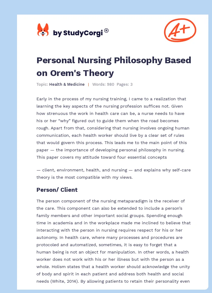 Personal Nursing Philosophy Based on Orem's Theory. Page 1