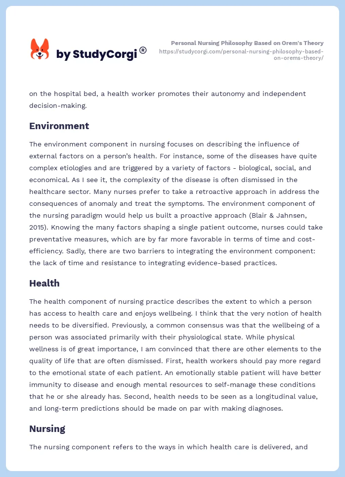Personal Nursing Philosophy Based on Orem's Theory. Page 2