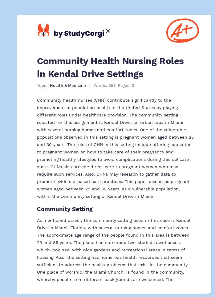 Community Health Nursing Roles in Kendal Drive Settings. Page 1