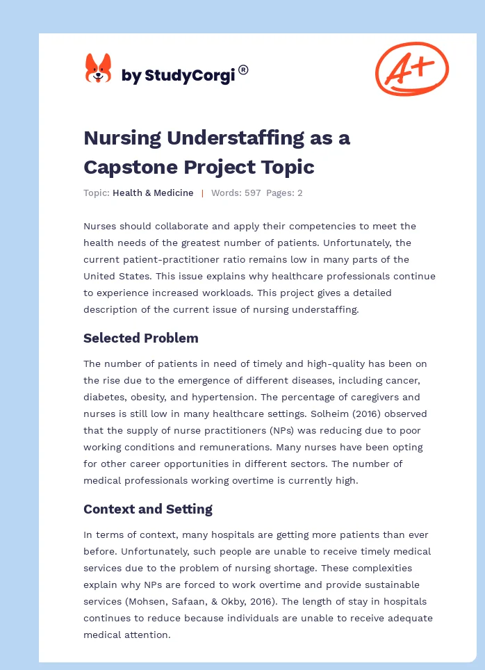 Nursing Understaffing as a Capstone Project Topic. Page 1