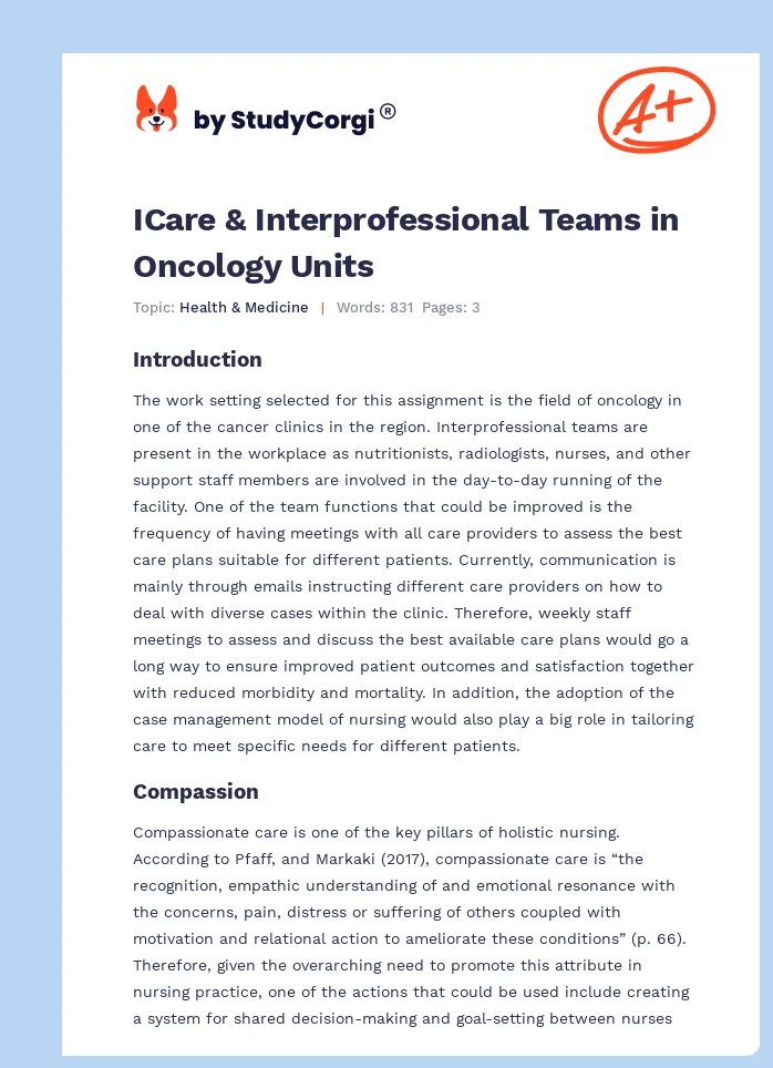 ICare & Interprofessional Teams in Oncology Units. Page 1