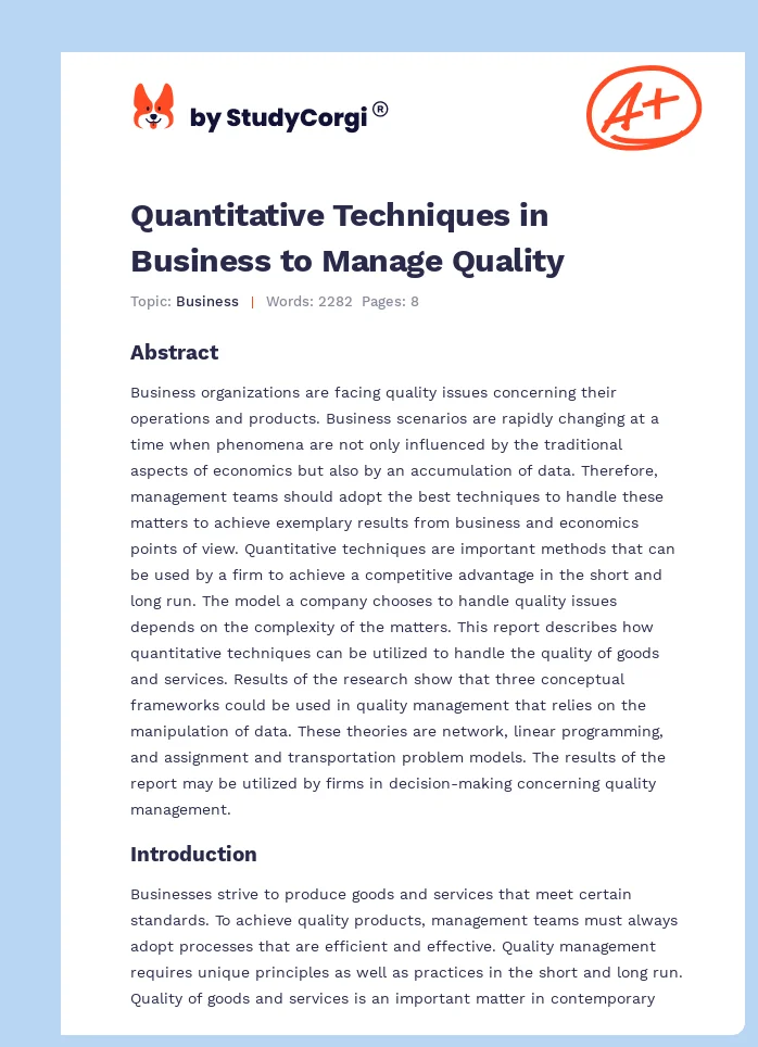 Quantitative Techniques in Business to Manage Quality. Page 1