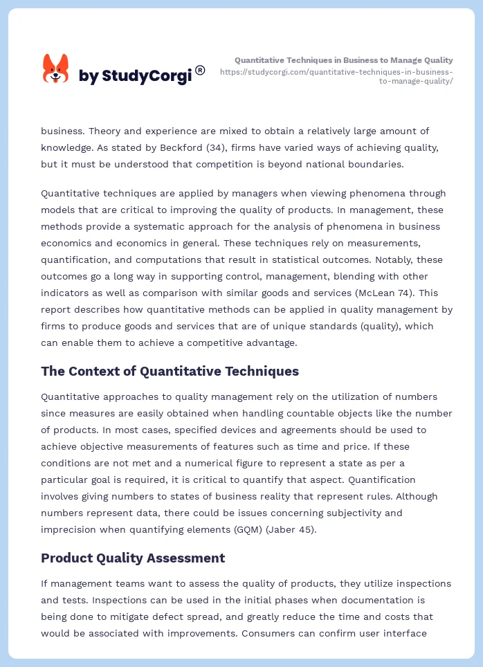 Quantitative Techniques in Business to Manage Quality. Page 2