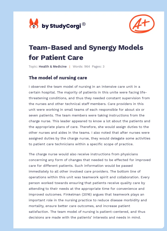 Team-Based and Synergy Models for Patient Care. Page 1