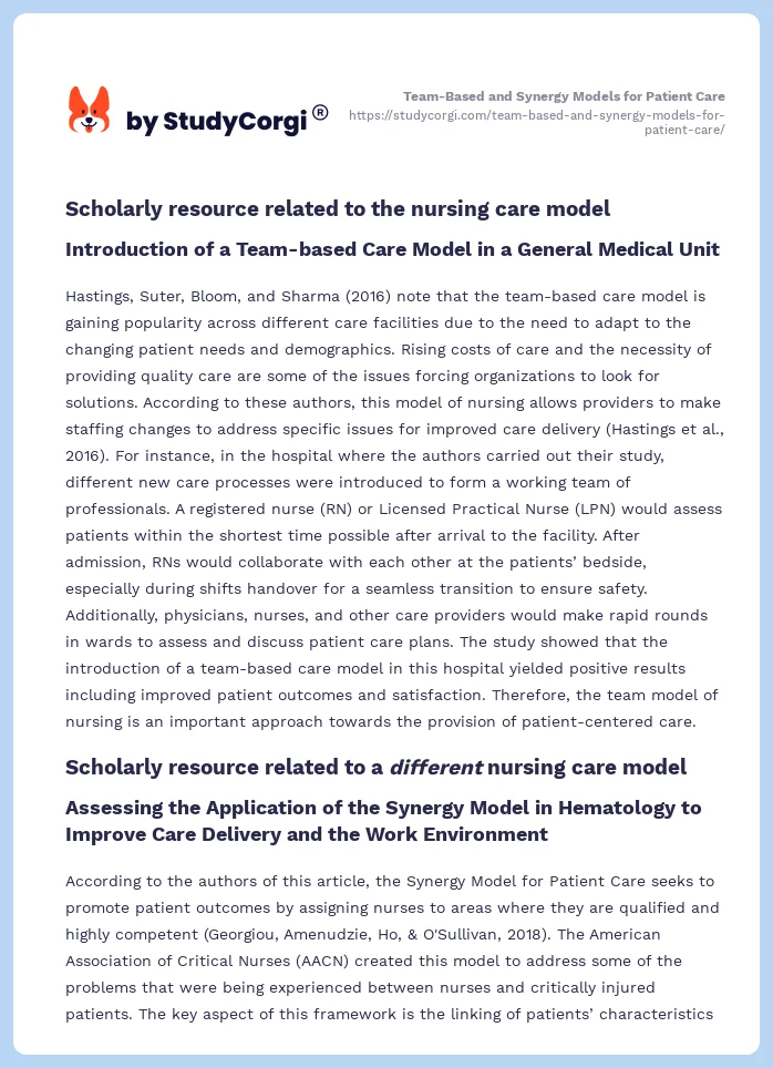 Team-Based and Synergy Models for Patient Care. Page 2