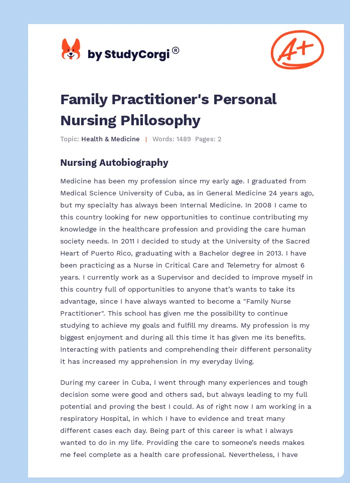 Family Practitioner's Personal Nursing Philosophy. Page 1