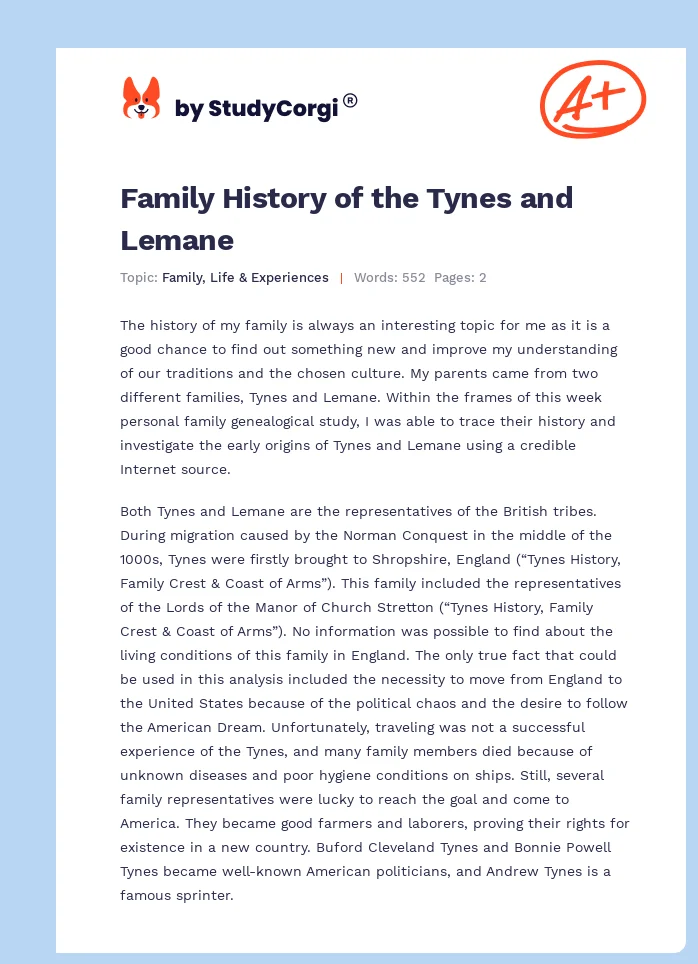 Family History of the Tynes and Lemane. Page 1