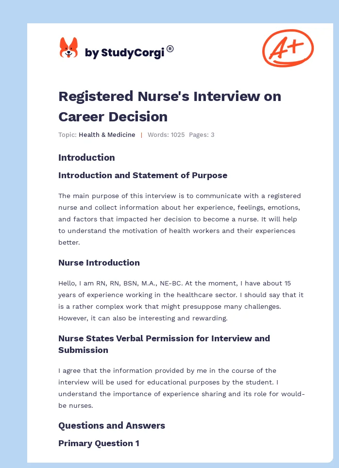 Registered Nurse's Interview on Career Decision. Page 1