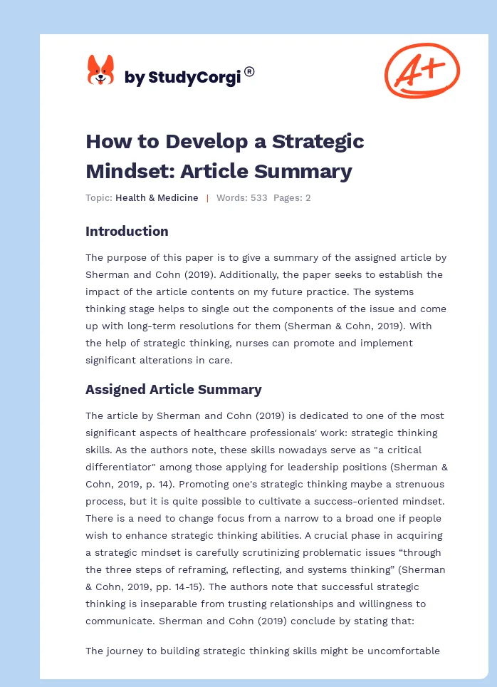 How to Develop a Strategic Mindset: Article Summary. Page 1