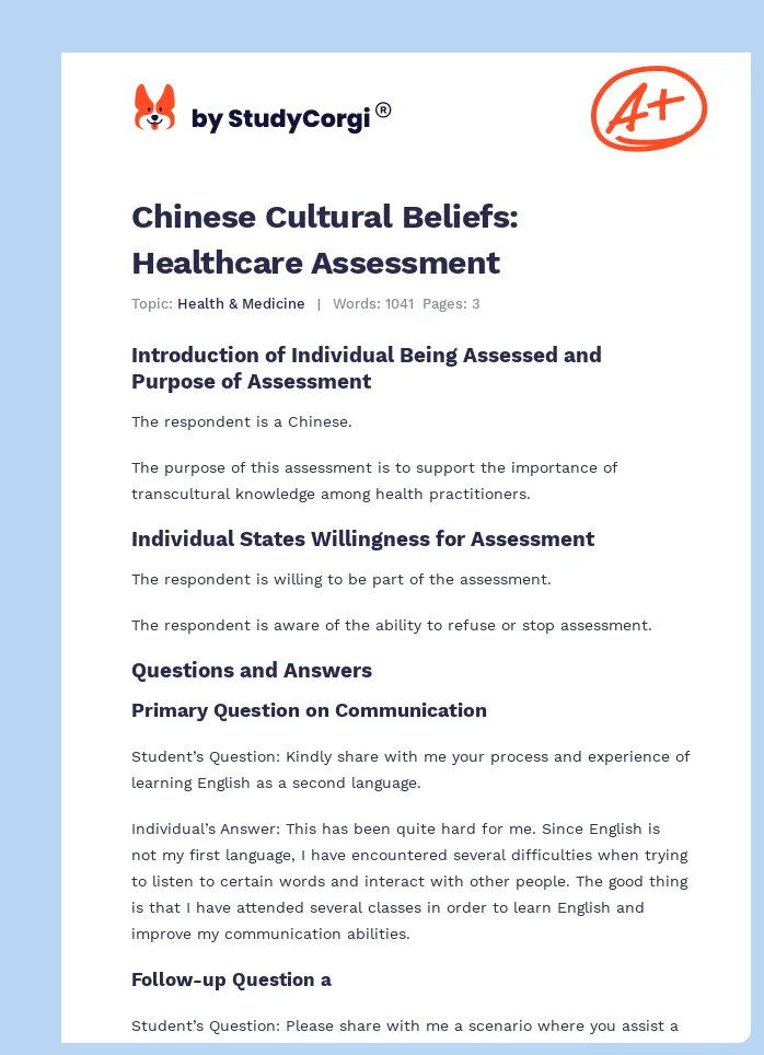 Chinese Cultural Beliefs: Healthcare Assessment. Page 1