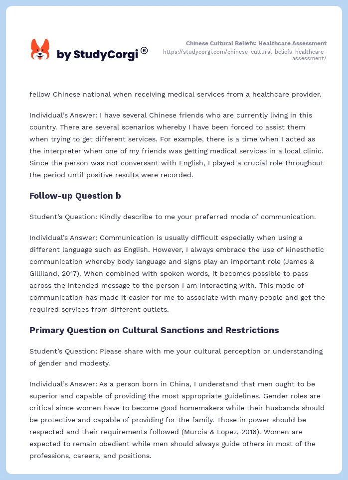 Chinese Cultural Beliefs: Healthcare Assessment. Page 2