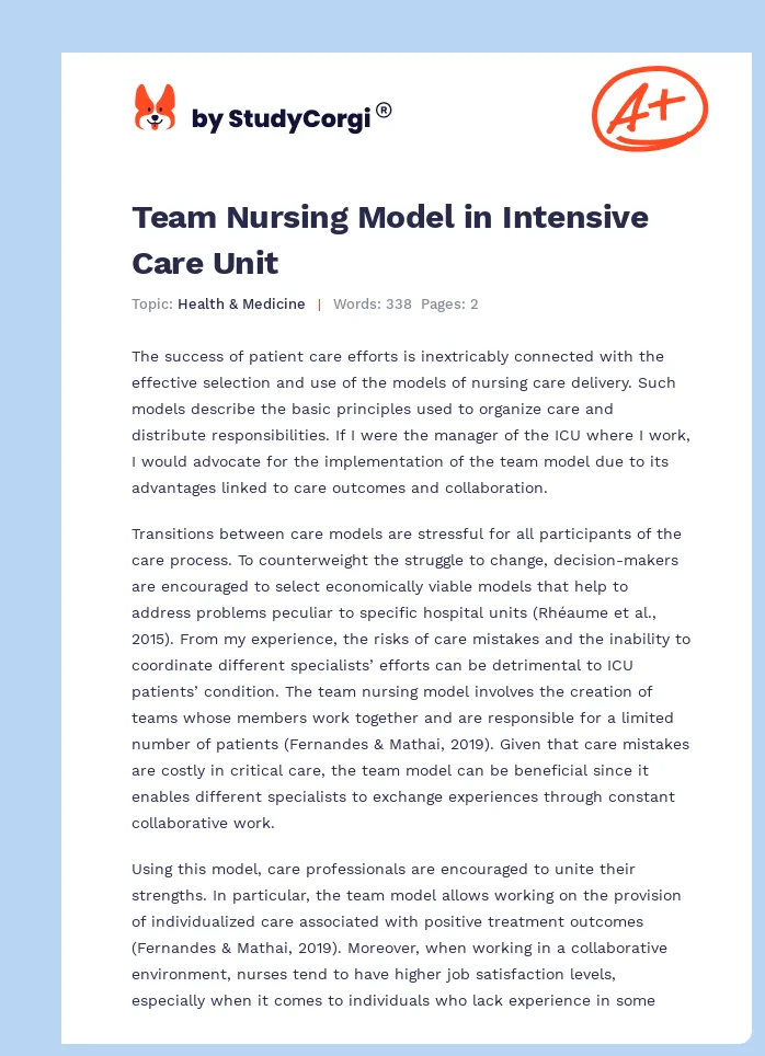 Team Nursing Model in Intensive Care Unit. Page 1