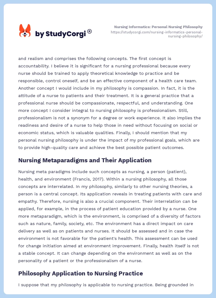 Nursing Informatics: Personal Nursing Philosophy. Page 2