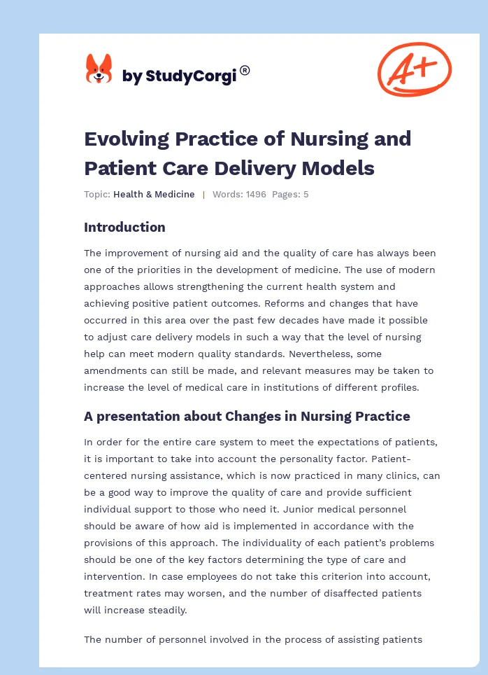Evolving Practice of Nursing and Patient Care Delivery Models. Page 1