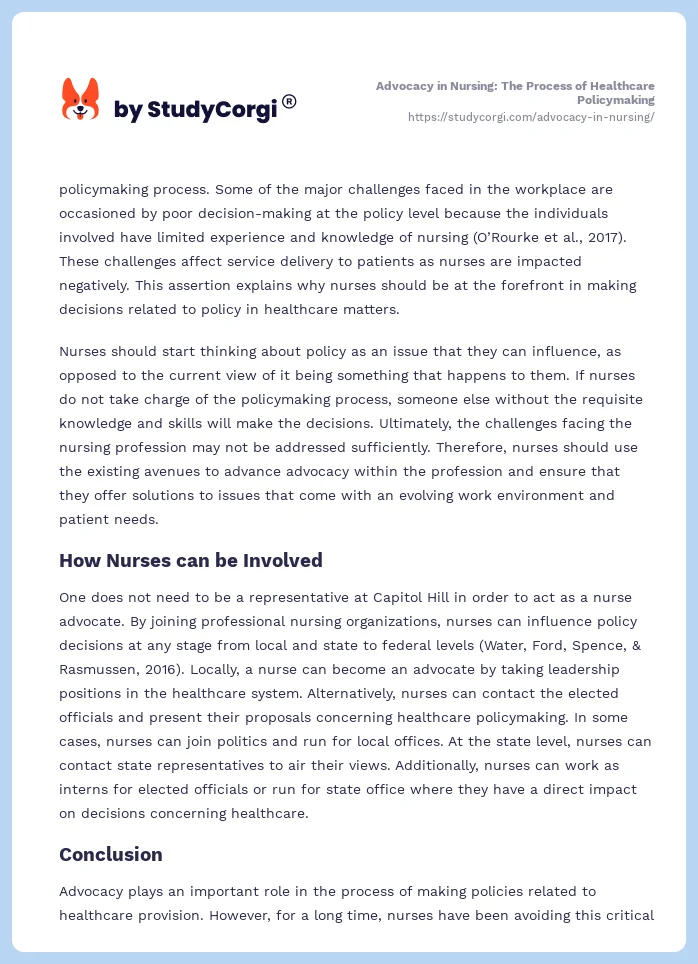 Advocacy in Nursing: The Process of Healthcare Policymaking. Page 2