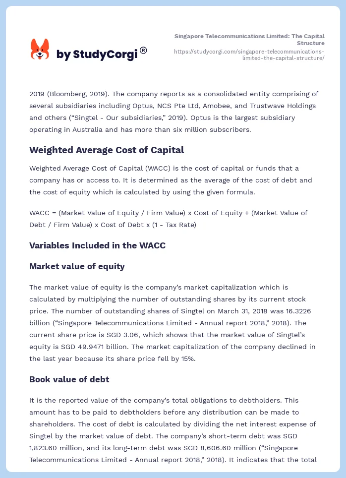 Singapore Telecommunications Limited: The Capital Structure. Page 2