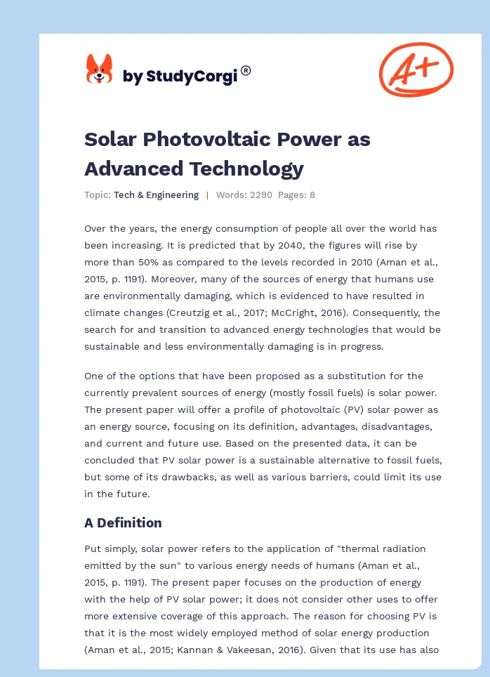 Solar Photovoltaic Power as Advanced Technology. Page 1