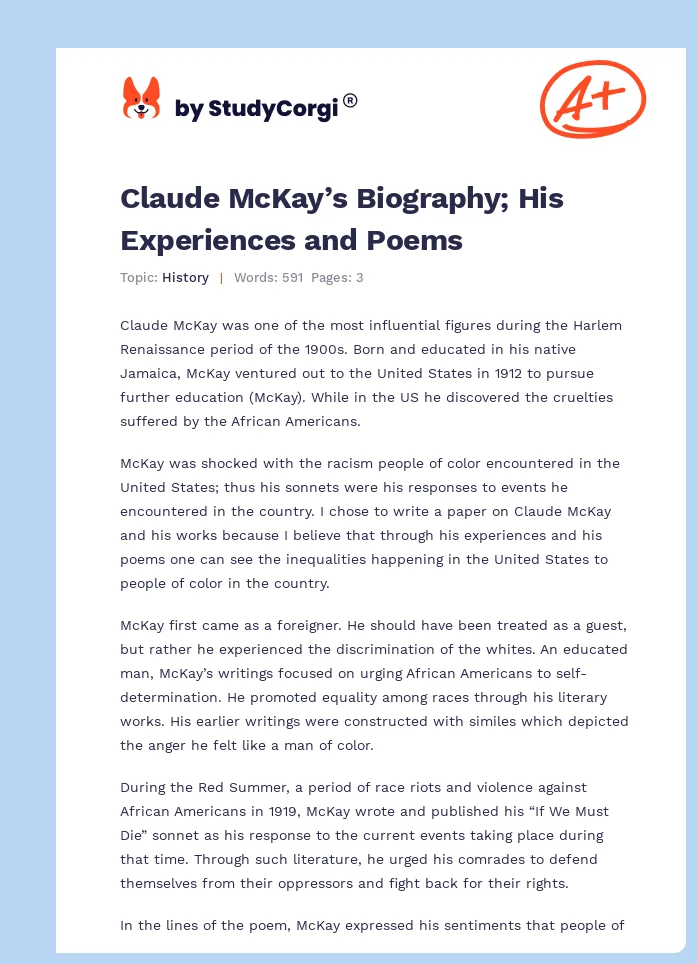 Claude McKay’s Biography; His Experiences and Poems. Page 1