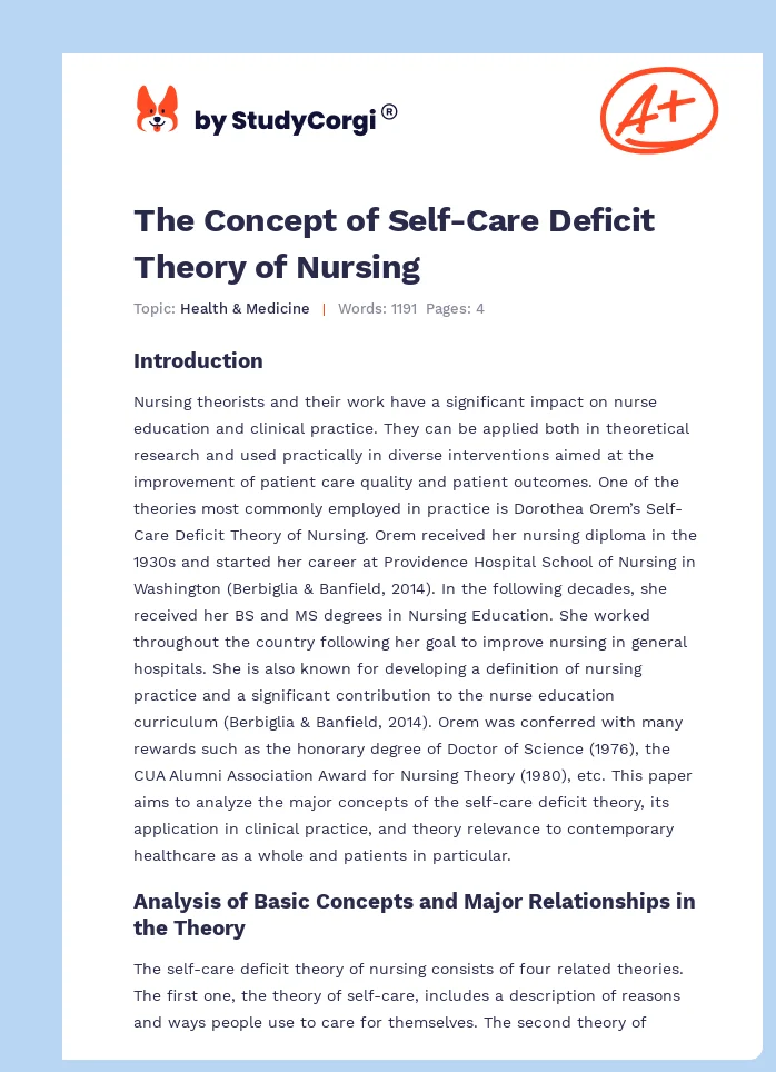 The Concept of Self-Care Deficit Theory of Nursing. Page 1