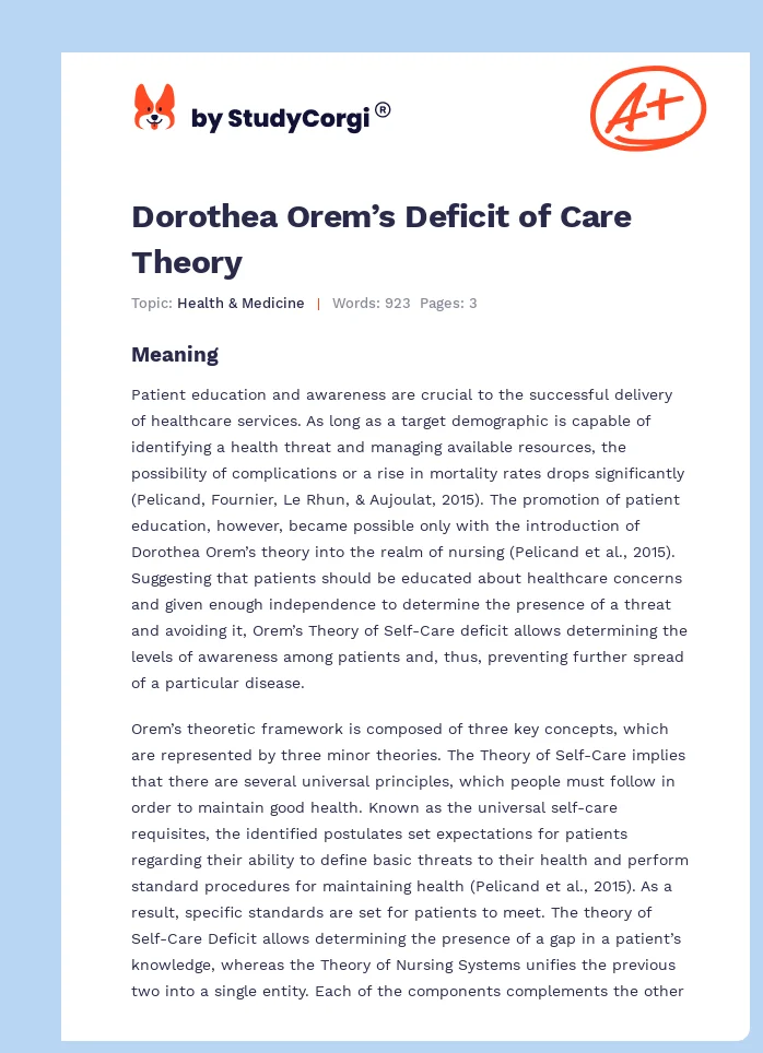 Dorothea Orem’s Deficit of Care Theory. Page 1