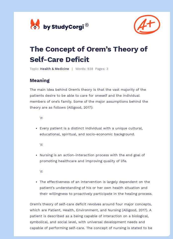 The Concept of Orem’s Theory of Self-Care Deficit. Page 1