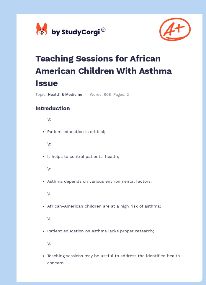 Teaching Sessions for African American Children With Asthma Issue. Page 1