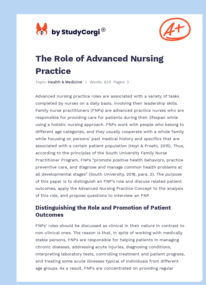 The Role of Advanced Nursing Practice. Page 1