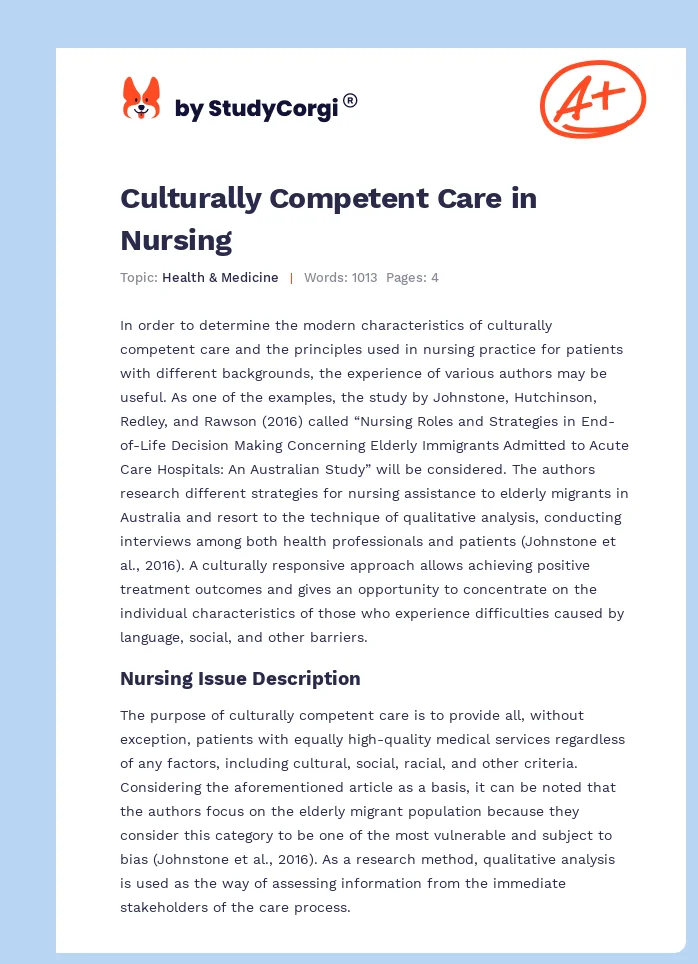 Culturally Competent Care in Nursing. Page 1